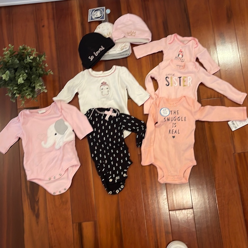 Lightly worn and some brand new long sleeve onesies and 6 beanies